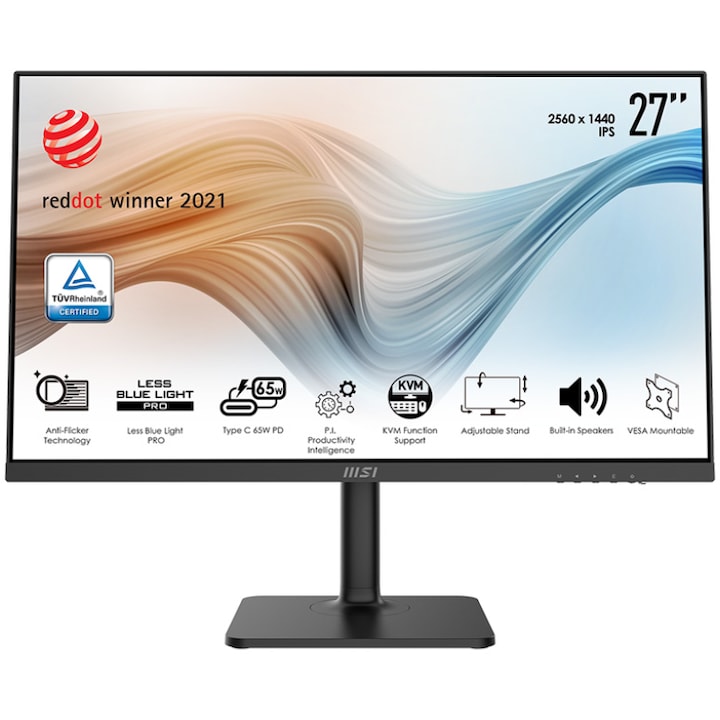 MSI MODERN MD272QP LED monitor, 27" IPS, WQHD, 75 Hz, DisplayPort & USB Type C & HDMI, 4 ms, Pivot, fekete