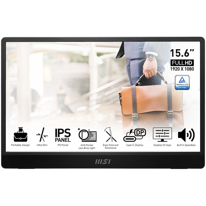MSI PRO MP161 hordozható LED monitor, 15.6" IPS, Full HD, 60 Hz, 2 x USB Type C és miniHDMI, 4 ms, Pivot, fekete