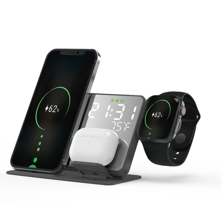 Многофункционално безжично зарядно устройство 4 в 1 с дисплей, огледало, часовник и температура, FastCharge за смартфон, AirPods и Apple Watch