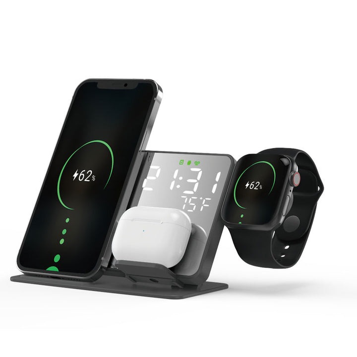 Incarcator Wireless Multifunctional 4 in 1 cu Afisaj, Oglinda, Ceas si Temperatura, FastCharge pentru Smartphone, AirPods si Apple Watch