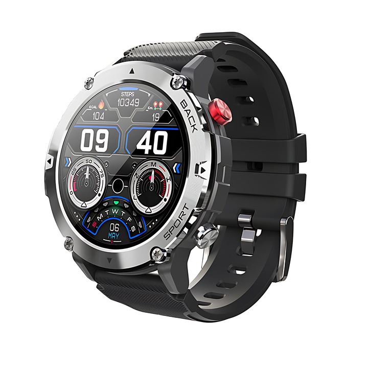 Ceas Smartwatch Sport Watchiu, 1.32 inch, Apel Bluetooth, Multi Sport, Ritm Cardiac Multi Point, Tensiune, Oxigen, curea silicon, anti zgarieturi, difuzor, notificari mesaje, Argintiu