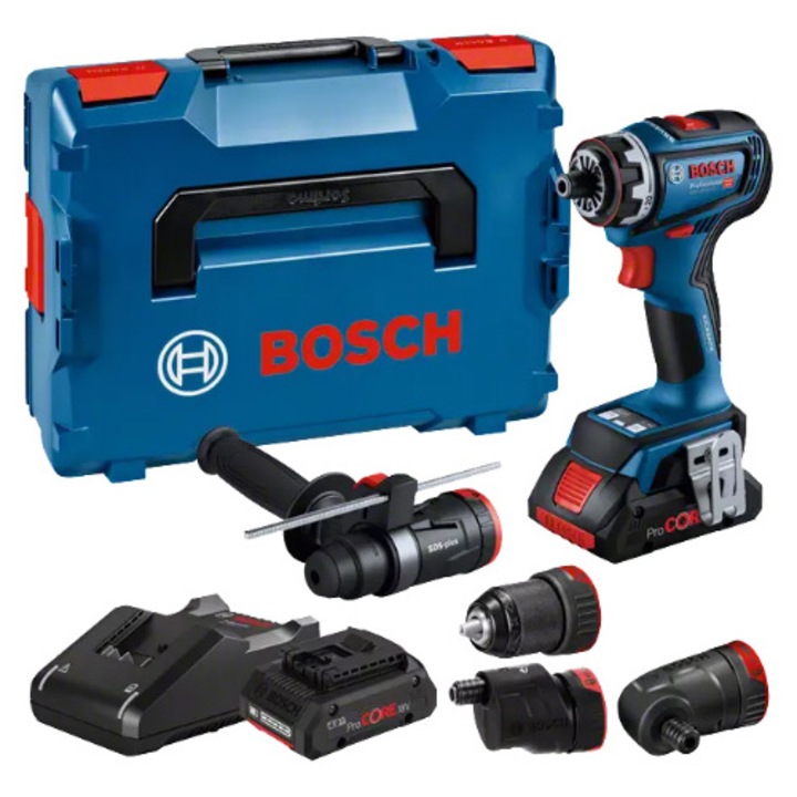 Bosch Professional GSR 18V-90 FC akkus fúró/csavarhúzó, 18 V, 2100 RPM, 36,64 Nm, tokmányadapter, kalapácsadapter kiegészítő fogantyúval, L-Boxx, L-Boxx betét, mélységhatároló, 2 akkumulátor, akkumulátortöltő