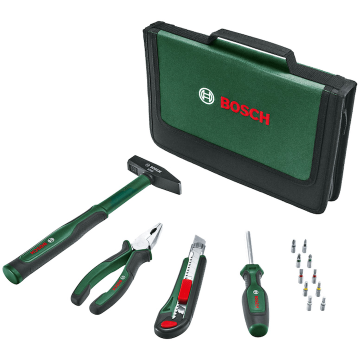 Комплект 14 ръчни инструмента Bosch Easy Starter 1600A02BY3, Клещи, Инженерен чук 300 гр., Фреза, Универсална отвертка, 10 накрайника, Текстилна чанта