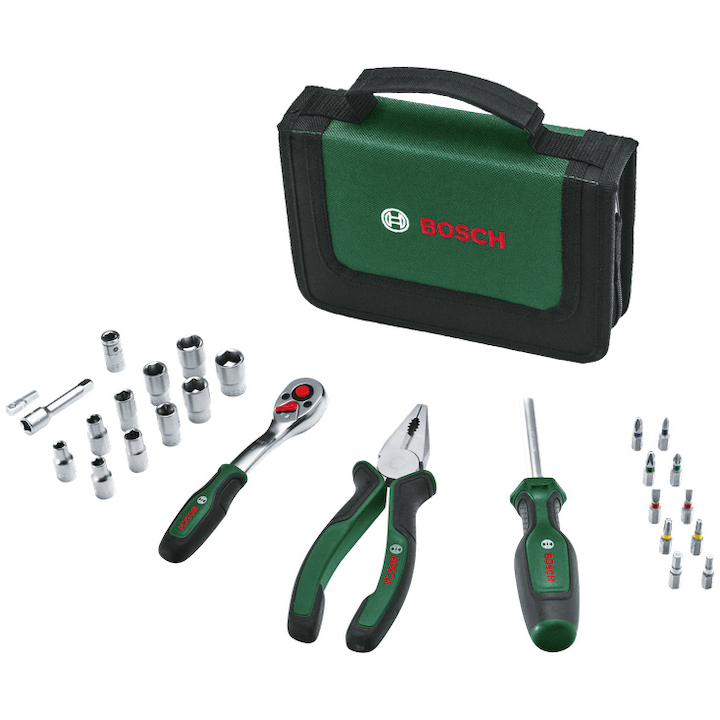 Комплект 26 ръчни инструмента Bosch Mobility 1600A02BY2, Клещи, Отвертка с тресчотка, Универсална отвертка, Битове, Адаптери за битове, Връзки