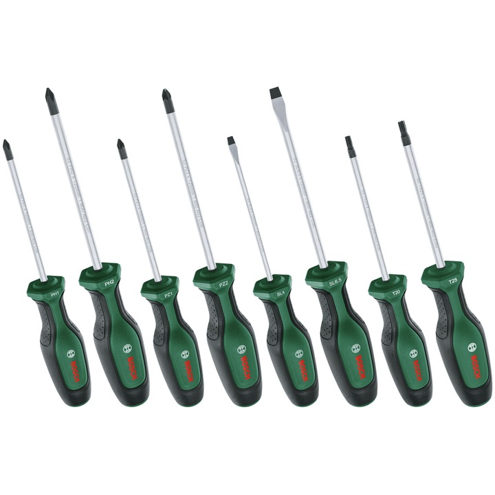 Комплект 8 отвертки Bosch 1600A02BX8, Стомана S2, Профил PH1/PH2/PZ1/PZ2/SL4/SL6.5/T20/T25