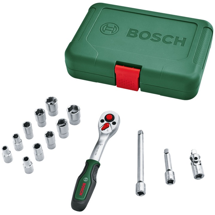 Set de 14 adaptoare pentru chei tubulare de ¼” Bosch 1600A02BY0, otel aliat, 74 Nm, 5° unghi lucru