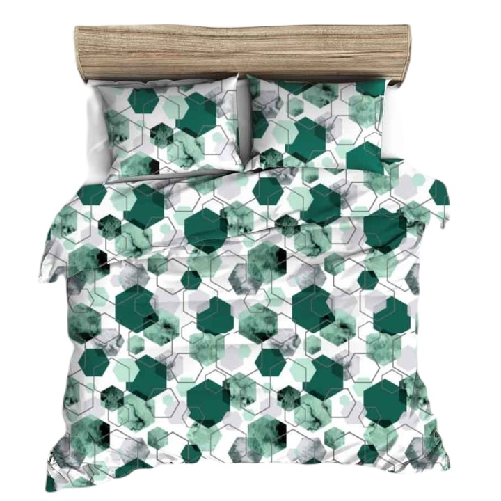 Lenjerie de pat, FAN, Bumbac, Husa pilota 160x200 cm si 2 x Fata de perna 70x80 cm, Verde/Alb