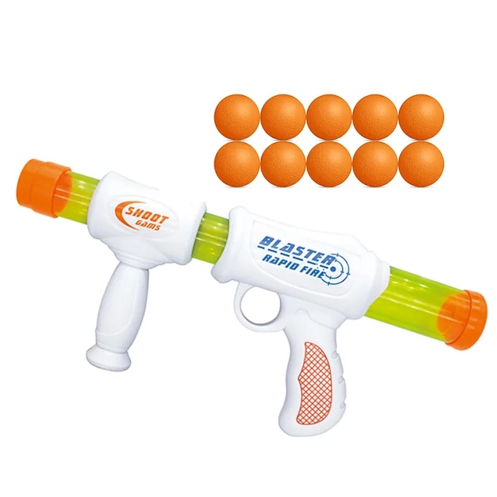 Pistol de jucarie, cu presiune aer, 10 bile din spuma, alb-portocaliu