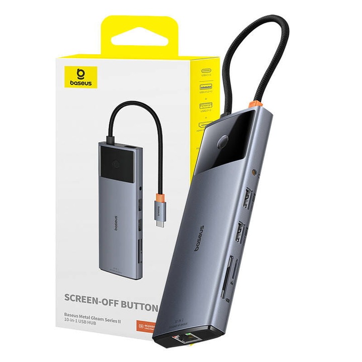 Хъб 10 в 1, Baseus, USB-C/A, HDMI, Rj45, SD/TF, Mini-jack, Сив