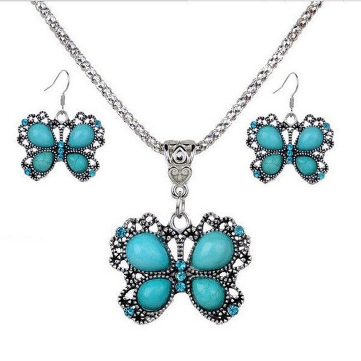Türkiz, pillangó, lepke női kristály ékszerszett, ékszer készlet, nyaklánc, fülbevaló, kék, 48+5 cm