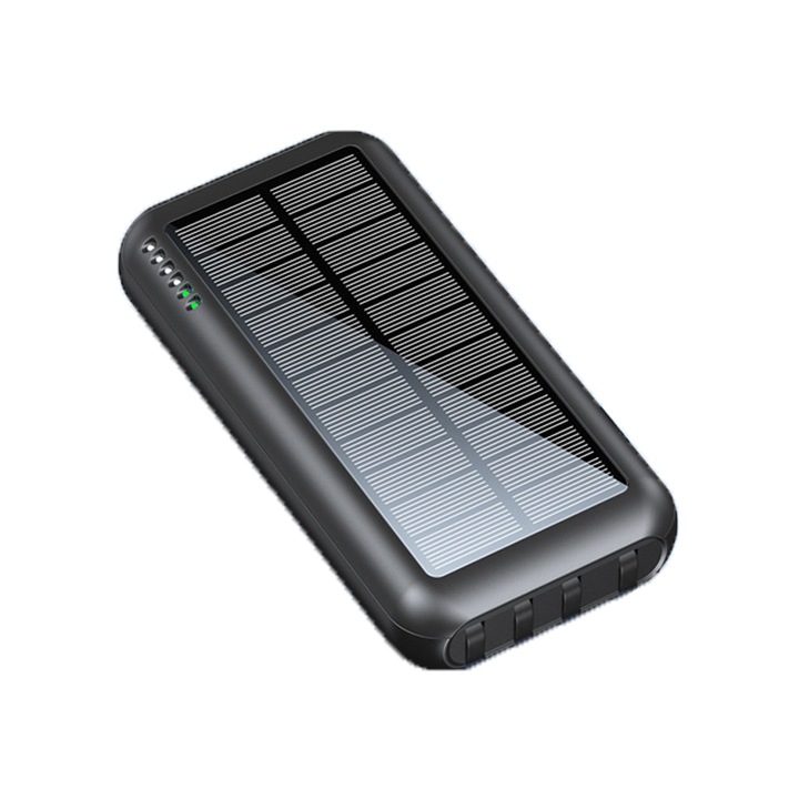 Solar Power Bank, ABS, 20000mAh, 5V/3.1A, 15W, 4 beépített kábel, 3 kimenet, fekete
