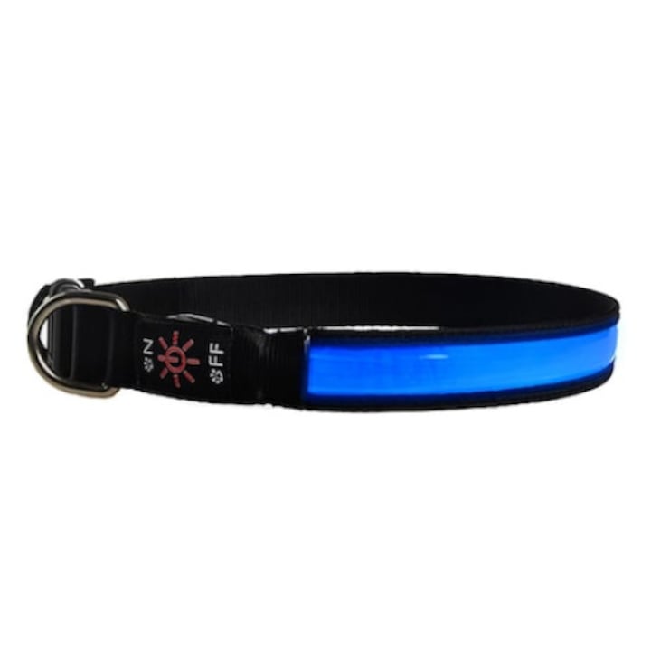 Нашийник за кучета с LED светеща лента, USB, M, син/черен