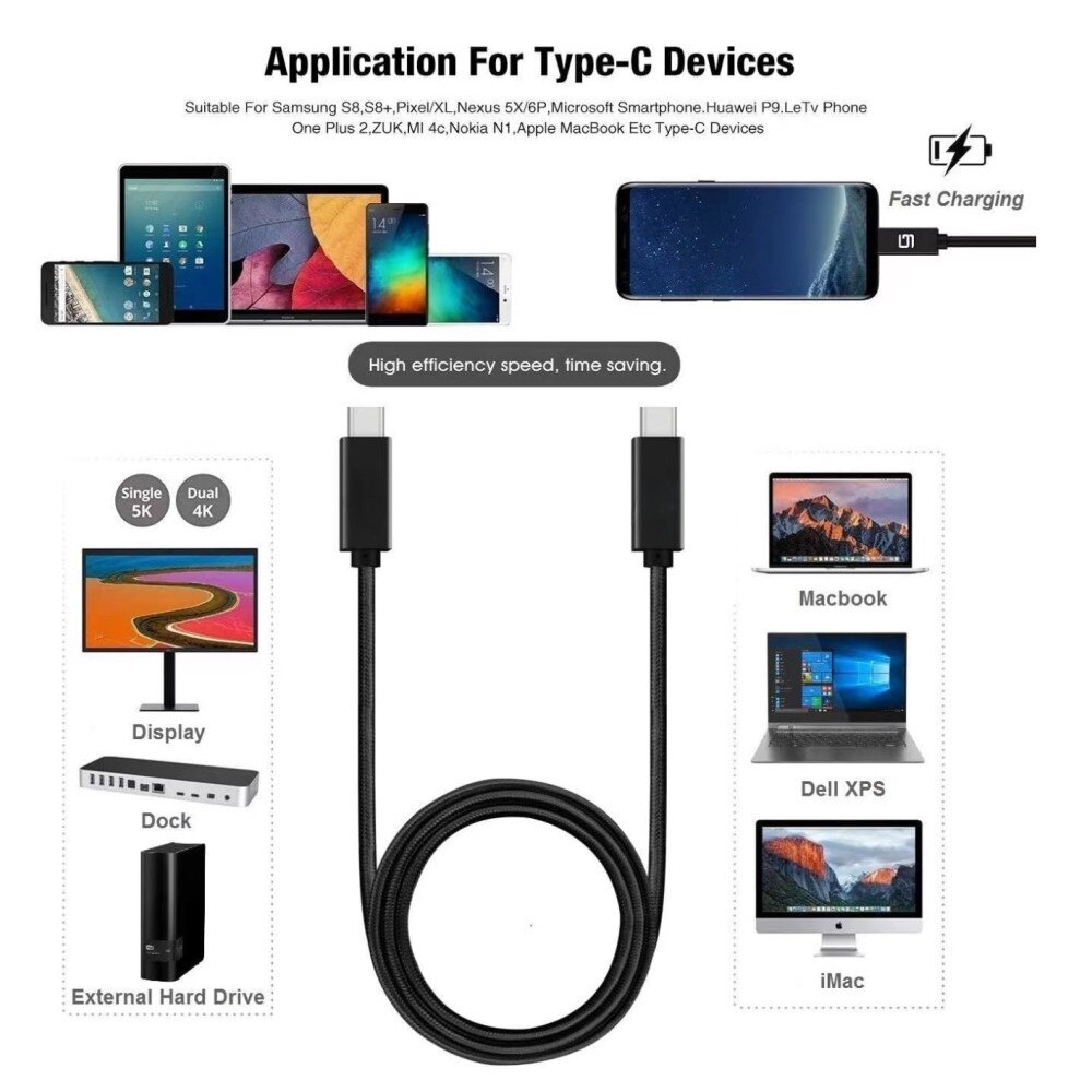 Adat és töltő kábel, USB-C/USB-C csatlakozó, 100W gyorstöltés, 10Gbps ...