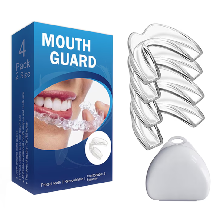 Set 4 gutiere bruxism, EVA, Cutie depozitare, 2 Dimensiuni, Transparent