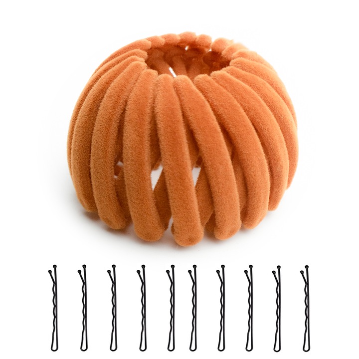 Set 11 cleme de par, potrivit pentru legarea rapida a parului, material flocat, Maro deschis