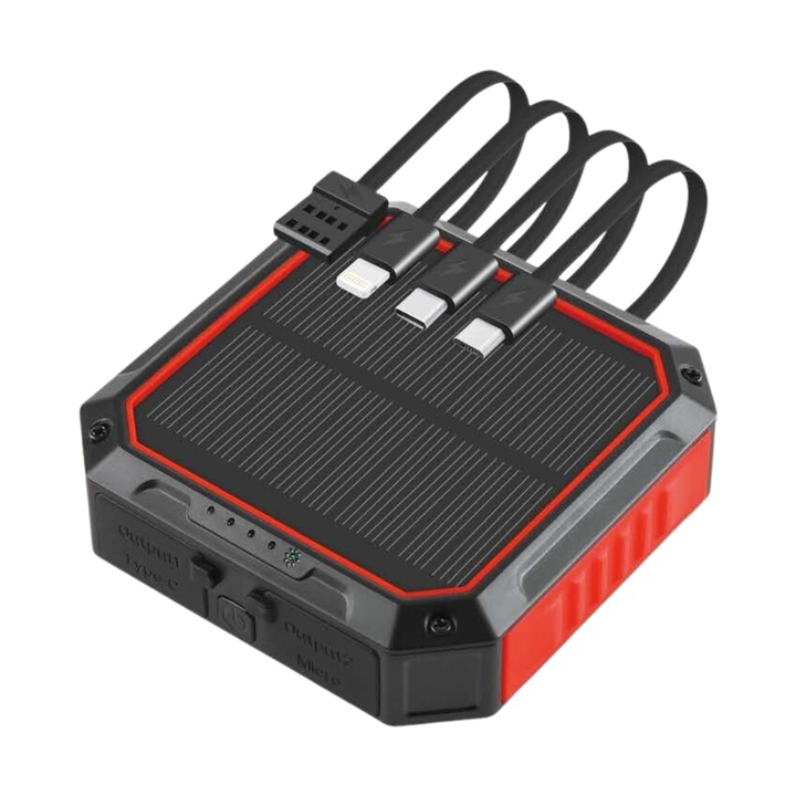 Baterie externa Solara TU&YA®, 10.000 mAh, Universala si pentru Tigara electronica prin cablu USB, 4 Cabluri de alimentare, Wireless, Rosu