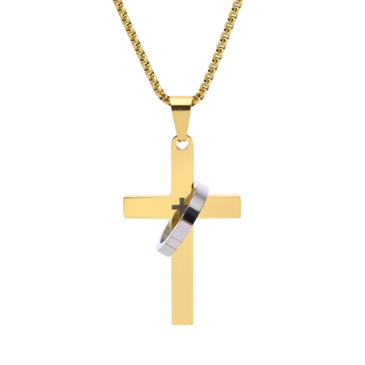 Lantisor barbatesc cu pandantiv in forma de cruce simpla cu inel, otel inoxidabil, placat cu aur, Tessero