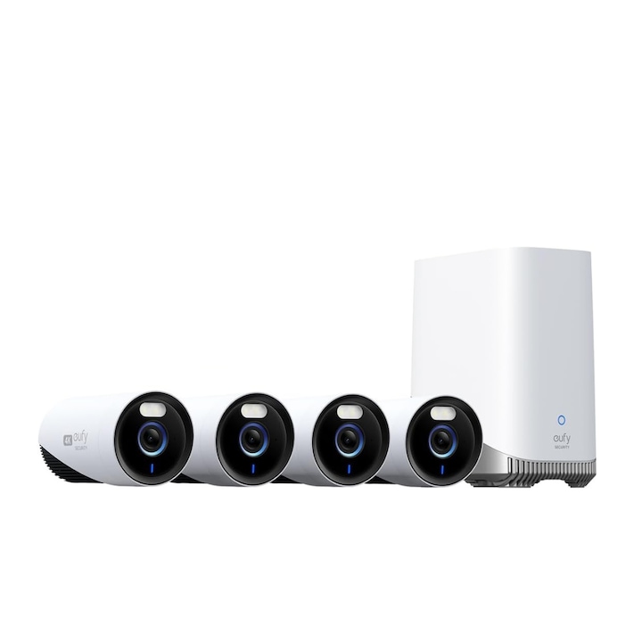 Eufy, Videófelügyeleti készlet, eufyCam E330, 1 x HomeBase 3 és 4 kamera, 4K felbontás, AI, 24/7 felügyelet, 1 TB HDD, fehér