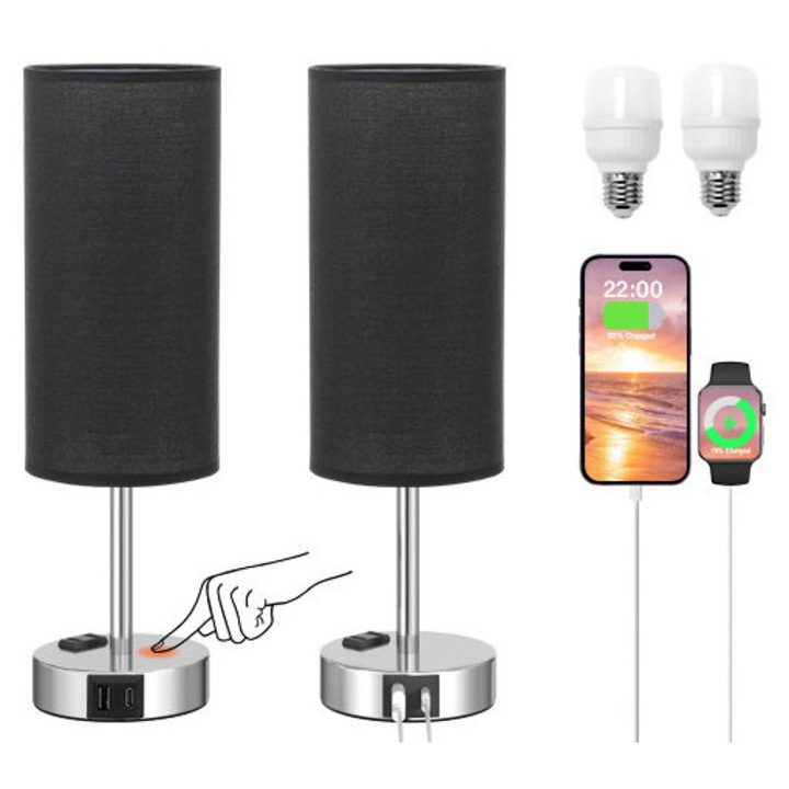 Set Lampa cu abajur din tesatura, pentru birou, dormitor, metal, QUANDES®, 2 porturi USB-A/C 1 X Prize de incarcare AC, negru