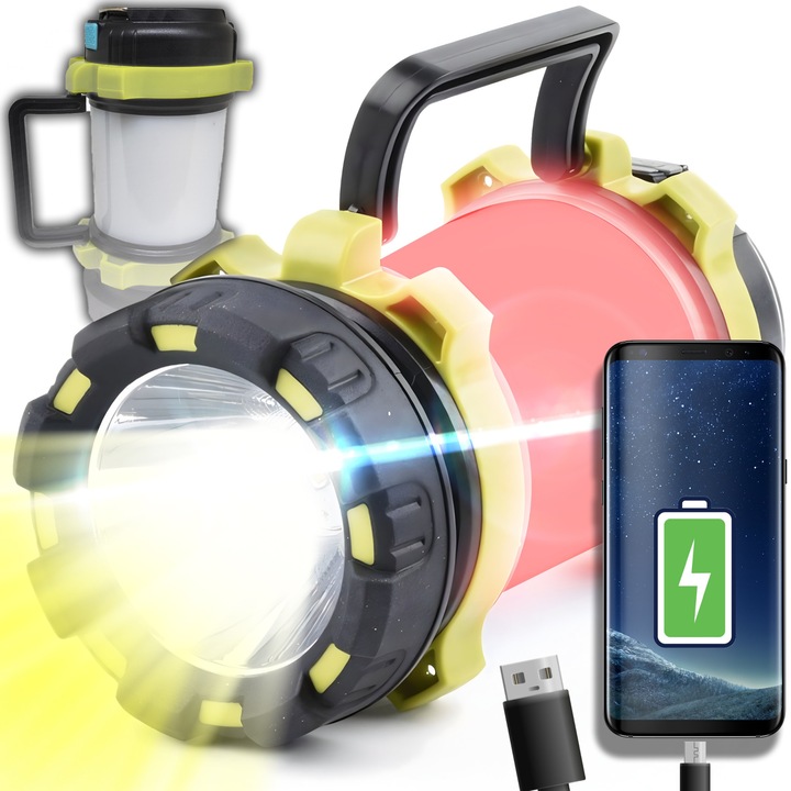 Lanterna LED cu Acumulator 3000mAh, Incarcare USB, Functie Powerbank, cu Lumina Rosu, IPX6, Negru-Galben