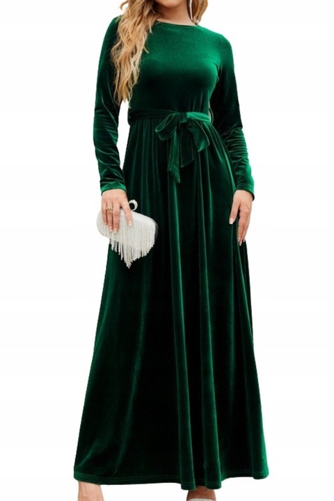 Дълга разкроена кадифена рокля с колан, зелена, размер L