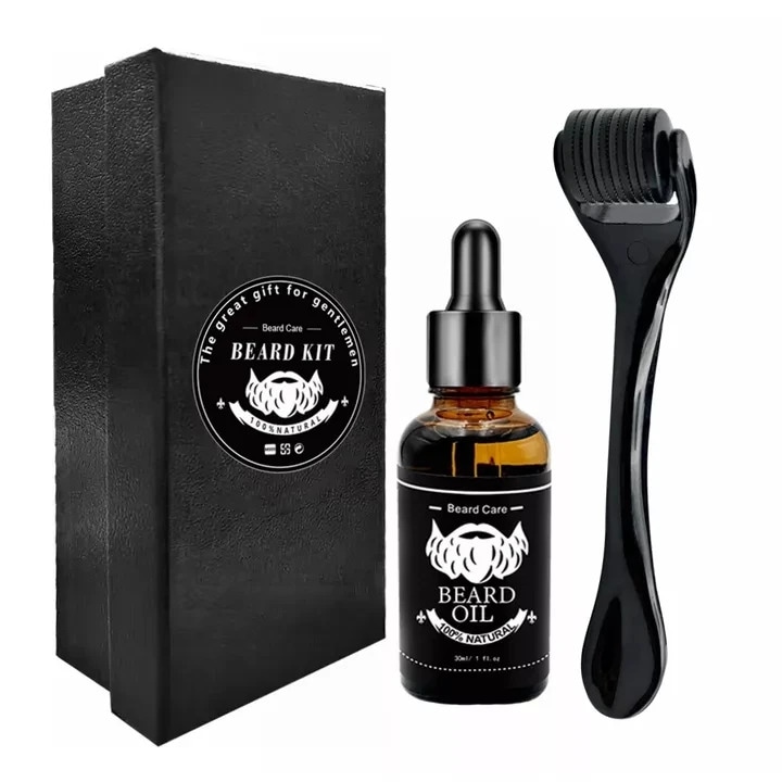 ПРЕМИУМ Комплект за растеж и грижа за брада от 2 части, включващ дерма ролер, специално масло за растеж на косата, 30 ML