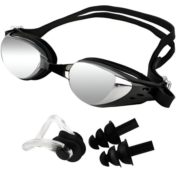 Комплект за плуване Velixo®, очила против мъгла и UV защита, поляризирани огледални лещи, регулируеми меки тапи за уши, клещи за нос, за професионалисти и аматьори, регулируем размер на презрамката 36-40 см, унисекс, включен калъф за съхранение, черен
