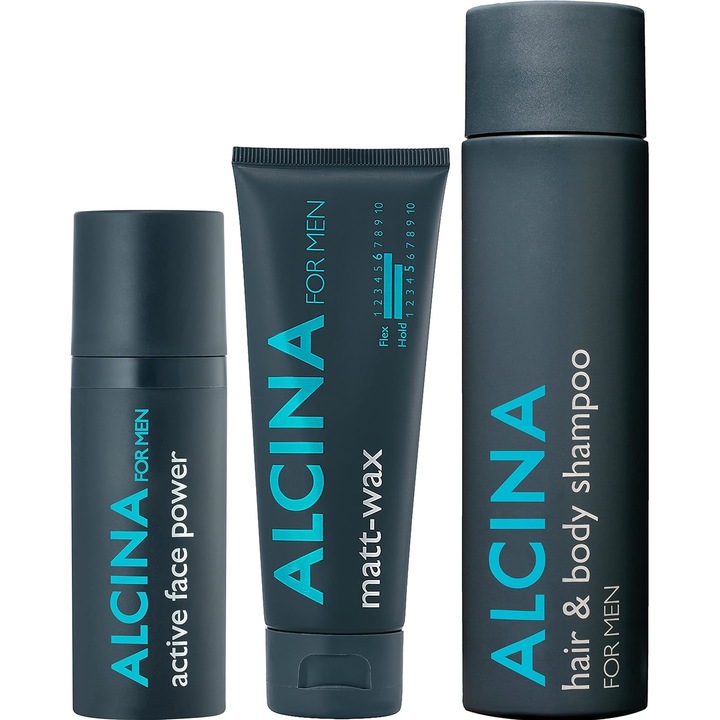 Set 3 produse ingrijire faciala si par pentru barbat, sampon corp/par 250 ml, ceara 75 ml, active facial power rollon 50ml, Alcina