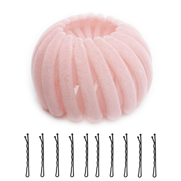 11 db-os hajcsat készlet, gyors hajkötőhöz alkalmas, bolyhos anyag, rózsaszín