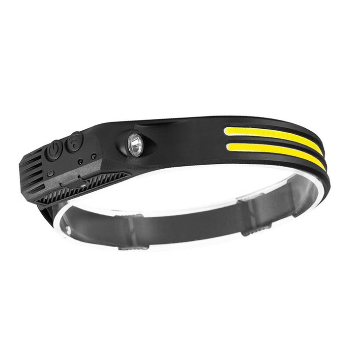 LED фар, YWX, ABS, 1200 mAh батерия, Type C зареждане, сензор за движение, странична светлина, 6 режима на светене, Черен