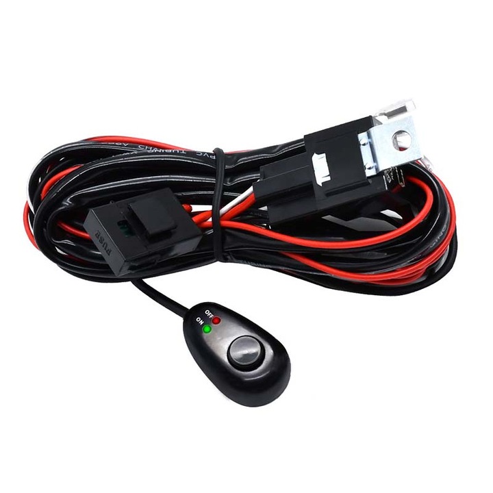 Kit cablaj auto, Pentru 2 LED Bar, Proiector, cu Releu si Buton On Off 300W,12V,40A,3m, Negru/Rosu