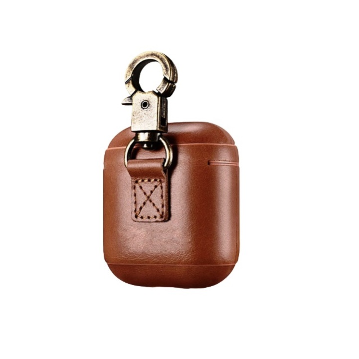 Husa de Protectie pentru casti, compatibile cu AirPods 1 si 2, din piele naturala de calitate, cu carlig rezistent, Design elegant, Maro