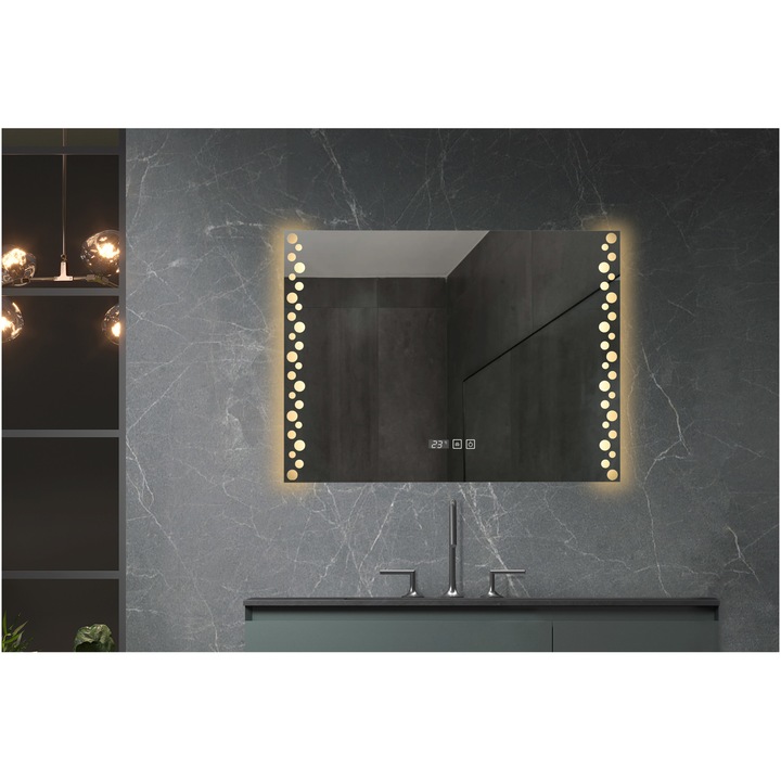 Огледало за баня Belform Atlantis, С LED осветление в 3 цвята, Сензорен превключвател, Часовник, Функция против запотяване, 60x80 см