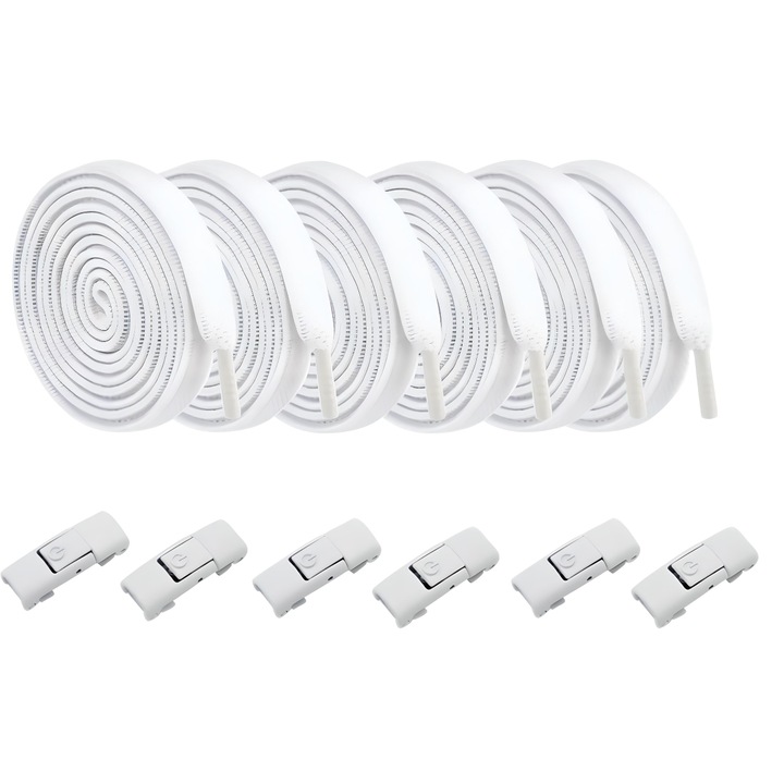 Sireturi albe cu catarame AdyMel®, set 3 perechi, sistem de prindere NO TOUCH, clipsuri, capsule, reglabile, incaltare rapida, plate, elastice