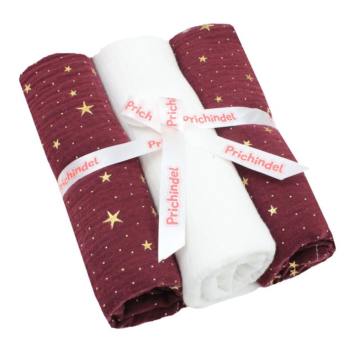 Set 3 scutece, muselina, Metalic stars, visiniu cu alb, 80 x 67 cm