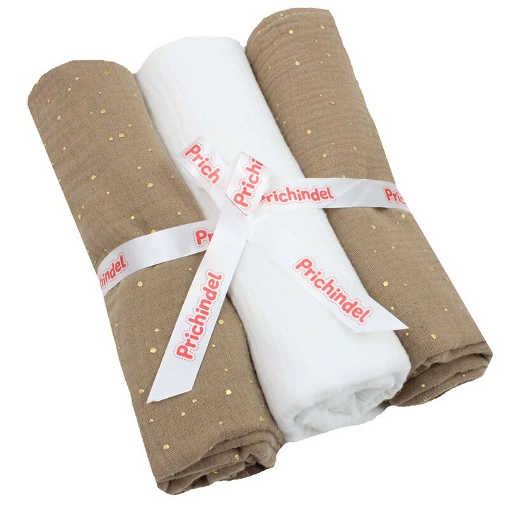 Set 3 scutece, muselina, Metalic dots, bej cu alb, 80 x 67 cm