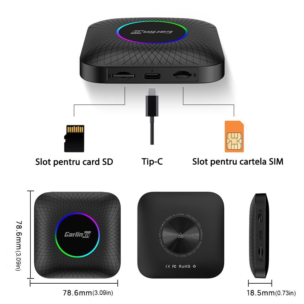 Безжичен адаптер, Carlinkit, Tbox LED, Съвместим с Bluetooth/WiFi ...