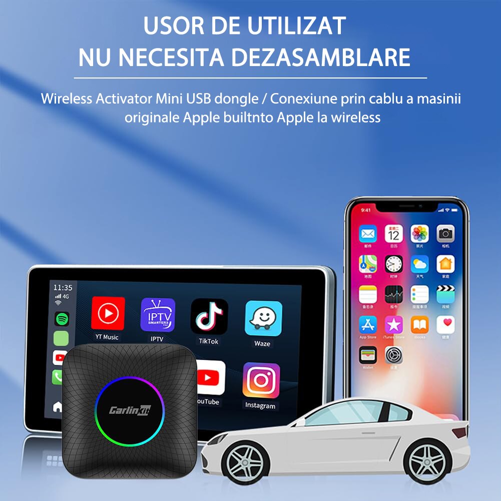 Безжичен адаптер, Carlinkit, Tbox LED, Съвместим с Bluetooth/WiFi ...