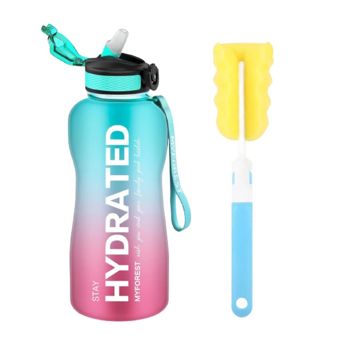 Бутилка за вода Myforest и комплект четки, силикон, синьо/розово, 10,9 x 29,9 см, 2,2 л