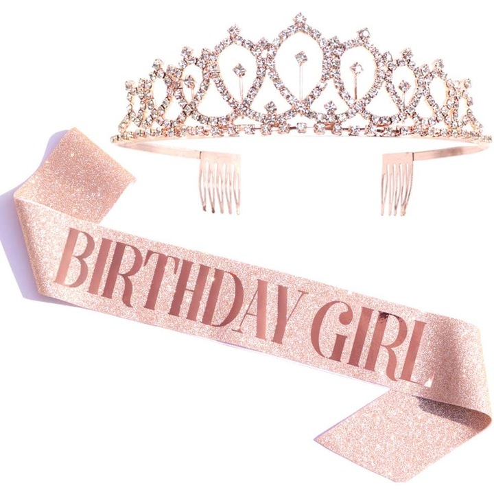 Комплект корона/лента за рожден ден, За момичета, Розово златист
