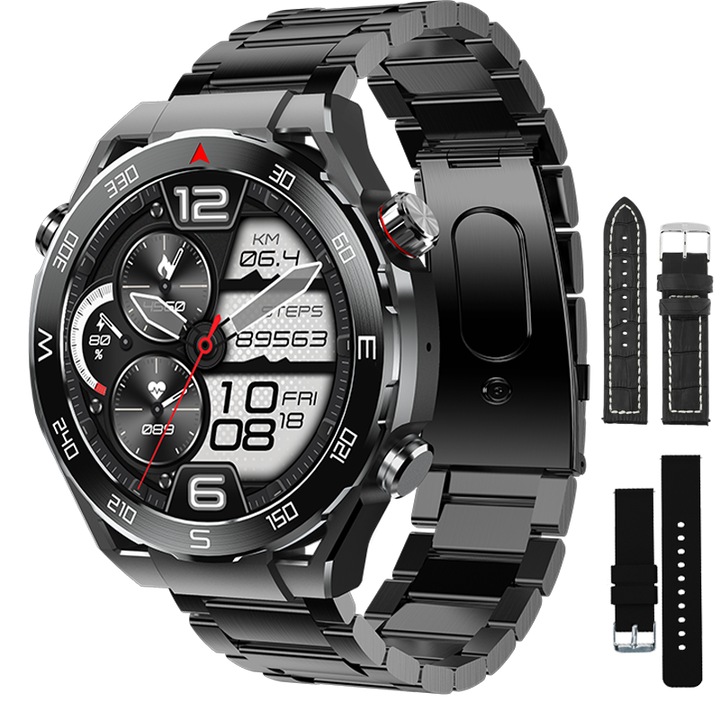 Мъжки смарт часовник TechONE® HW5 Plus Aquarace, AMOLED 1,52 инча, кръгъл, гласов асистент, сърдечен ритъм, кислород, Bluetooth разговор, множество спортове, Bluetooth 5.2, IP67, черен