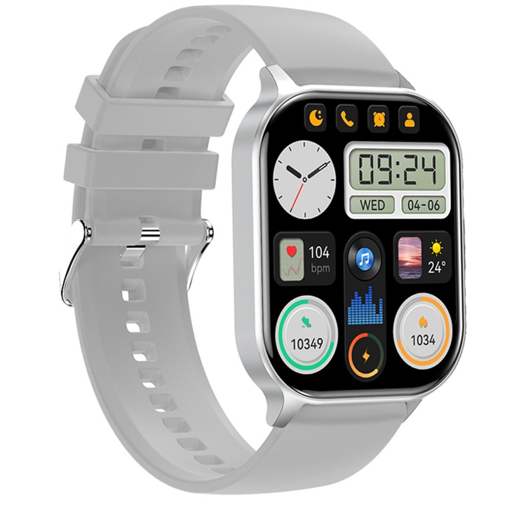 Смарт часовник TechONE® HK26 Sporty, 2,04 инча AMOLED, Bluetooth 5.3 HD повикване, NFC, многоточков пулс, напрежение, кислород, метален корпус, високоговорител, известия, IP67, сребрист