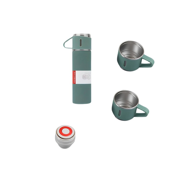Termos Verde, 500ml, Inox, perete dublu, 3 cani