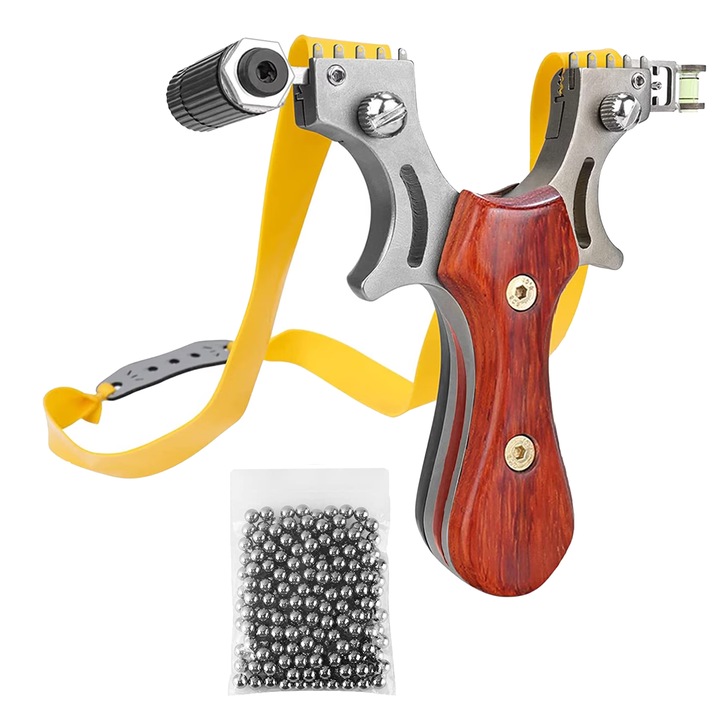 Лазерна прашка Depox, Queen Sling, металик, 11.5 см, с болобок, дървена дръжка, кафява, 100 топки с вдлъбнатина 7 мм