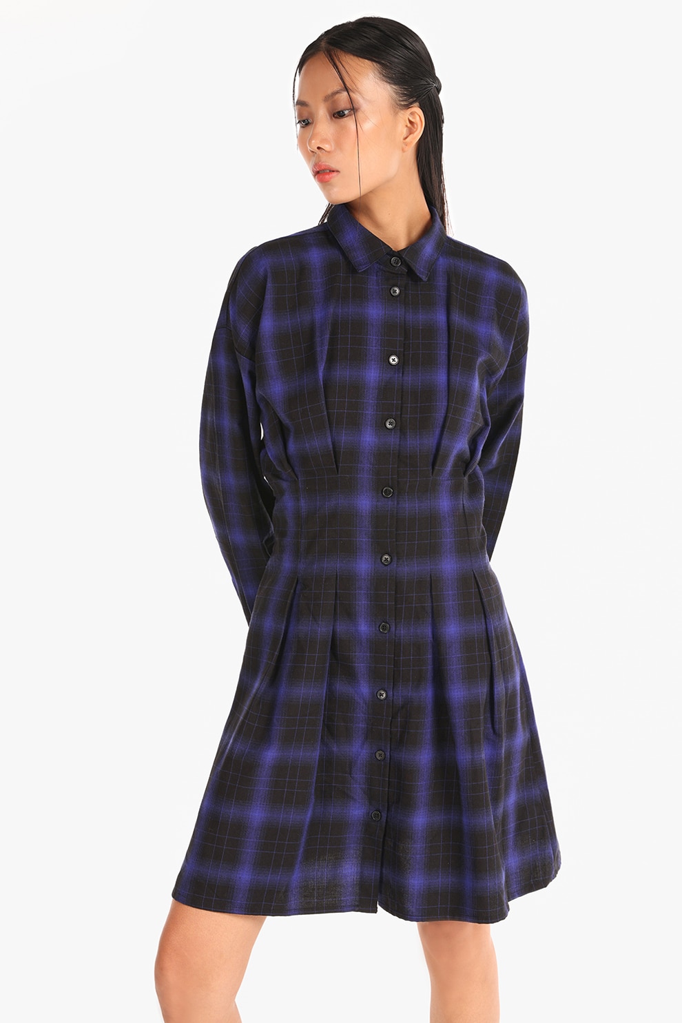 COLIN'S, Rochie-camasa cu model in carouri, Negru, Indigo, XS