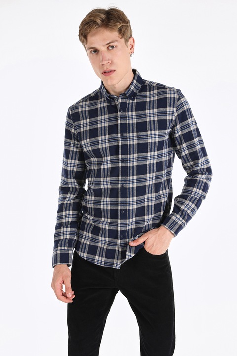 COLIN'S, Camasa cu model in carouri si guler Oxford, Bej/Bleumarin, S