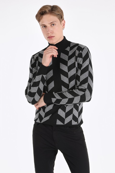 COLIN'S, Pulover tricotat fin cu model, Negru/Gri