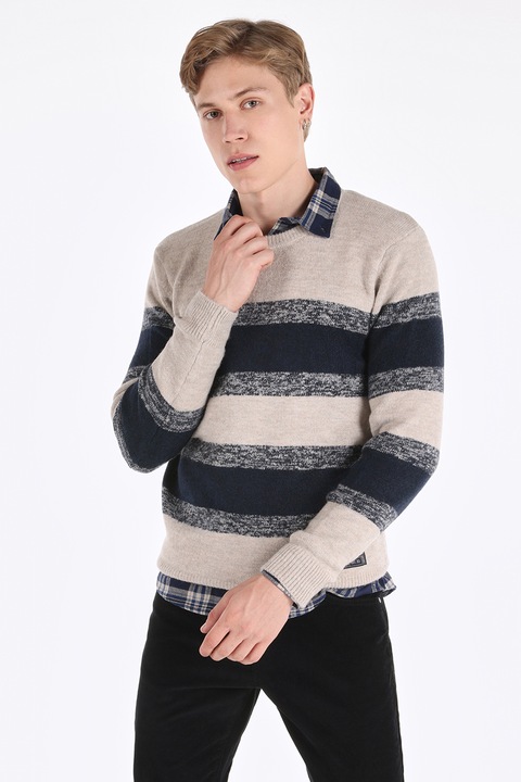 COLIN'S, Pulover cu decolteu la baza gatului si model in dungi, Bej/Bleumarin
