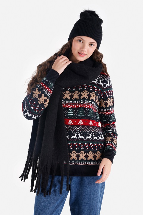 COLIN'S, Pulover cu decolteu la baza gatului si model cu tematica de Craciun, Rosu/Portocaliu/Bleumarin