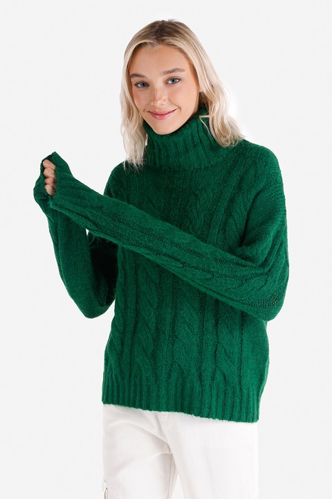 COLIN'S, Pulover cu model torsade si guler inalt, Verde